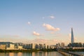 Panoramic view of Hangang River and Seoul city skyline with sunset sky in Korea Royalty Free Stock Photo