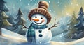 Panoramic view of happy cutie snowman in winter secenery Royalty Free Stock Photo