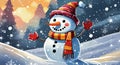 Panoramic view of happy cutie snowman in winter secenery Royalty Free Stock Photo