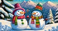 Panoramic view of happy cutie 2 snowman in winter secenery illustrations Royalty Free Stock Photo