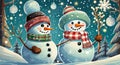 Panoramic view of happy cutie 2 snowman in winter secenery illustrations Royalty Free Stock Photo