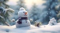 Panoramic view of happy snowman in snow winter scenery.