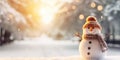 Panoramic view of happy snowman in winter secenery with copy space Royalty Free Stock Photo