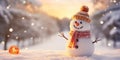 Panoramic view of happy snowman in winter secenery with copy space Royalty Free Stock Photo