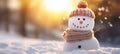 Panoramic view of happy snowman in winter secenery with copy space Royalty Free Stock Photo