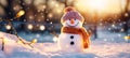 Panoramic view of happy snowman in winter secenery with copy space Royalty Free Stock Photo