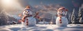 Panoramic view of happy snowman in winter secenery with copy space Royalty Free Stock Photo