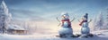 Panoramic view of happy snowman in winter secenery with copy space Royalty Free Stock Photo