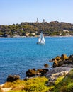 Panoramic view of harbor and exclusive residential peninsula along Plage del la Salis beach in Antibes city in France