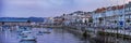 Panoramic view of the harbor in front of the buildings in Baiona, Spain Royalty Free Stock Photo