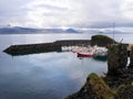 Panoramic view of harbour of Arnarstapi.