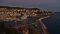 Panoramic view of harbour Port Lympia in the east of Nice, France at the French Riviera with cruse ship in the evening.