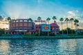 Panoramic view of Hard Rock Cafe , palm trees and taxi boat in Citywalk at Universal Studios area.