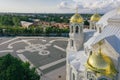Panoramic view from the height of the Naval Cathedral of St. Nicholas the Wonderworker in Kronstadt. Anchor Square