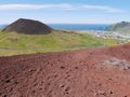 Panoramic view of Heimaey and Eldheimar seen from Eldfell volcano.