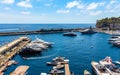 Panoramic view of Hercules Port and yacht marina at French Riviera coast in Monte Carlo district of Monaco Principate