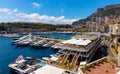 Panoramic view of Hercules Port and yacht marina at French Riviera coast in Monte Carlo district of Monaco Principate