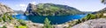 Panoramic view of Hetch Hetchy reservoir; Yosemite National Park, Sierra Nevada mountains, California; the reservoir is one of the Royalty Free Stock Photo