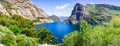 Panoramic view of Hetch Hetchy reservoir; Yosemite National Park, Sierra Nevada mountains, California; the reservoir is one of the Royalty Free Stock Photo