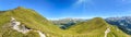 Panoramic view of a hiking trail through the Austrian Alps in the high mountains of the Zillertal near the Tux Glacier in summer,