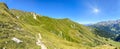 Panoramic view of a hiking trail through the Austrian Alps in the high mountains of the Zillertal near the Tux Glacier in summer,