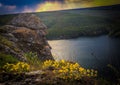 Panoramic view from the hill on bend of the river. Beautiful summer landscape. Colorful clouds of the morning sky Royalty Free Stock Photo