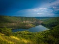 Panoramic view from the hill on bend of the river. Beautiful summer landscape. Colorful clouds of the morning sky. Dniester Canyon Royalty Free Stock Photo