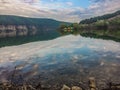 Panoramic view from the hill on bend of the river. Beautiful summer landscape. Colorful clouds of the morning sky. Dniester Canyon Royalty Free Stock Photo