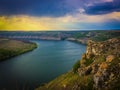 Panoramic view from the hill on bend of the river. Beautiful summer landscape. Colorful clouds of the morning sky. Dniester Canyon Royalty Free Stock Photo