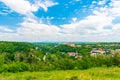Panoramic view from the hill near Dolni Kounice city. View of castle Dolni Kounice and ancient ruin of Rosa Coeli monastery. Royalty Free Stock Photo