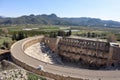 Panoramic view from the hill to majestic and well preserved Roman theatre in ancient city Aspendos, Turkey