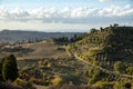 Panoramic view on hills of Val d`Orcia near Pienza, Tuscany, Italy. Tuscan landscape with cypress trees, vineyards, forests and Royalty Free Stock Photo