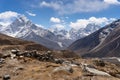 Panoramic view of Himalayas mountain range from Thukla pass in Everest base camp trek, Nepal Royalty Free Stock Photo