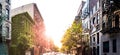 Panoramic view of the historic buildings on Stanton Street in the Lower East Side of New York City Royalty Free Stock Photo