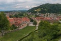 Panoramic view of the historic center of Skofja Loka from the castle in Slovenia Royalty Free Stock Photo