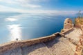 Santorini, Oia. Panoramic view of the historic chapel in the ruins of the castle Royalty Free Stock Photo