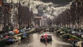 Panoramic view of the historic city center of Amsterdam. Amsterdam floating flower market and tall canal houses, Black and White