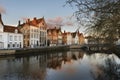 Panoramic view of the historic city center of Brugge in beautiful golden morning light at sunrise Royalty Free Stock Photo