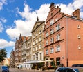 Panoramic view of historic old town city center quarter with hanseatic tenement houses along Chlebnicka street in Gdansk, Poland Royalty Free Stock Photo