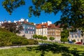 Panoramic view of historic, richly decorated colorful tenement houses at Bugaj, Mostowa and Brzozowa streets of Starowka Old Town Royalty Free Stock Photo