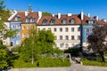 Panoramic view of historic, richly decorated colorful tenement houses at Bugaj, Mostowa and Brzozowa streets of Starowka Old Town Royalty Free Stock Photo