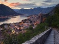 Panoramic view of the historic town of Kotor and Kotor Bay in the evening after sunset. Montenegro by night Royalty Free Stock Photo