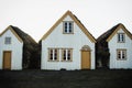 Panoramic view of traditional white moss turf houses Glaumbaer museum in Skagafjordur Northern Iceland Europe in winter