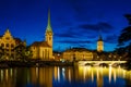 Panoramic view of historic Zurich city center with famous Fraumunster Church and river Limmat at Lake Zurich , in twilight, Canto