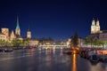 Panoramic view of historic Zurich city center with famous Fraumunster Church and river Limmat at Lake Zurich , in twilight, Canto Royalty Free Stock Photo