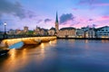 Panoramic view of historic Zurich city center with famous Fraumunster Church and river Limmat at Lake Zurich , in twilight, Canto Royalty Free Stock Photo