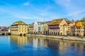 Panoramic view of historic Zurich city center with famous Fraumunster Church and river Limmat on a sunny day with clouds Royalty Free Stock Photo