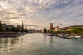 Panoramic view of historic Zurich downtown with Fraumunster and Grossmunster churches at lake zurich during sunset, Switzerland