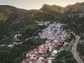 Panoramic view of the Historical Byzantine village Velanidia near cape Malea, Greece. In the Cave above the village is visible the