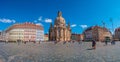 Panoramic view of historical center, Church of our Lady Frauenkirche and Neumarkt square in downtown of Dresden in summer with